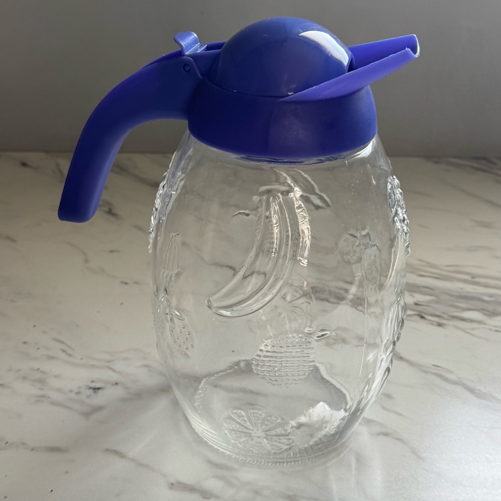 Embossed Glass Juice Jug Carafe Solmaz Mercan Blue Purple Plastic Lid Italy VTG